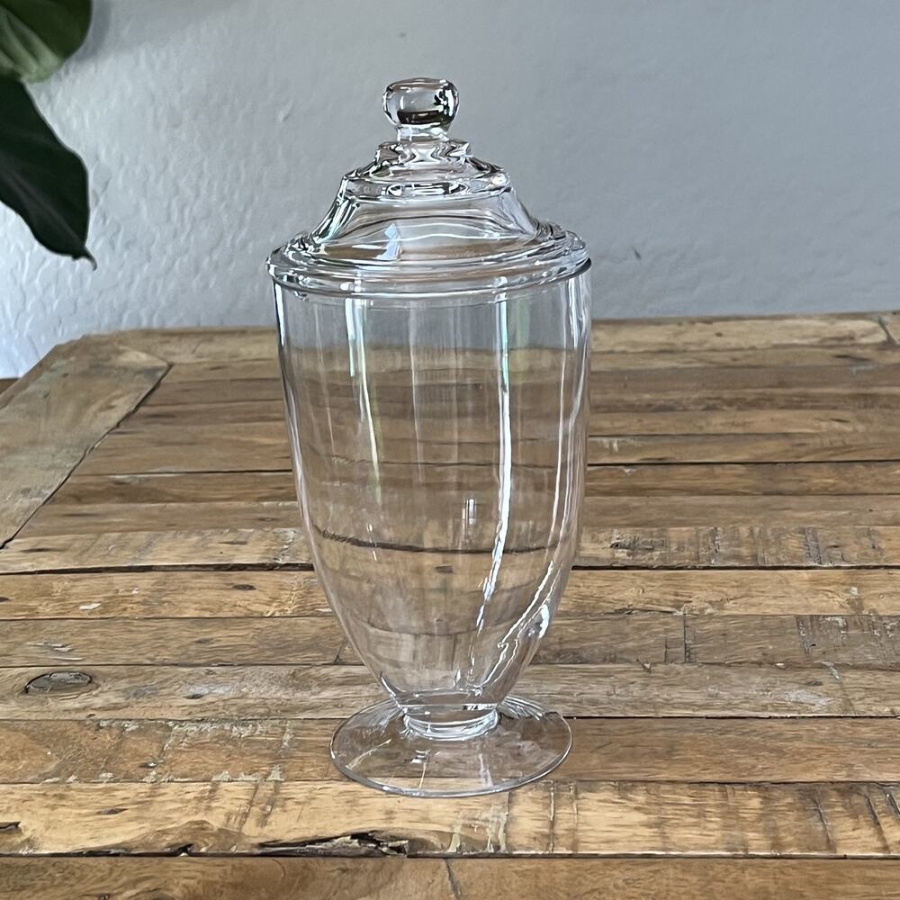 Clear Glass Apothecary Jar 9" Slender Body Stemmed Base Tiered Lid
